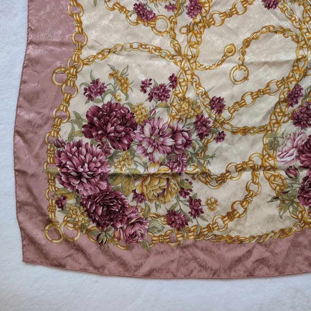 Italian 100% Silk Seta Scarf Pink Floral Gold Chain Jacquard Square 34.5
